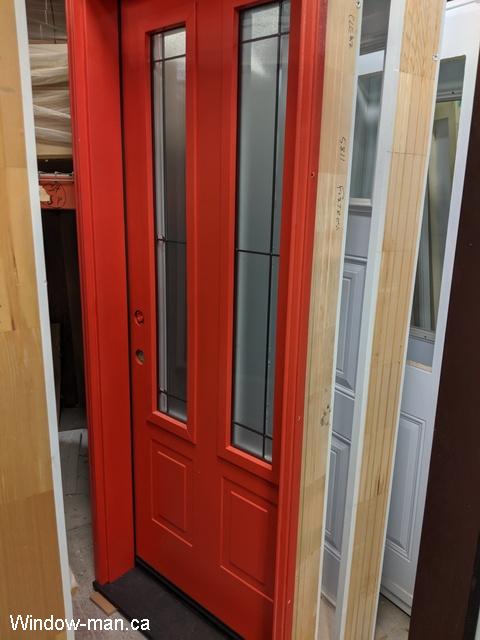 Red door. Bright front door ideas. Single entry steel insulated. Professionally painted bright red color. Modern SANTA FE glasses